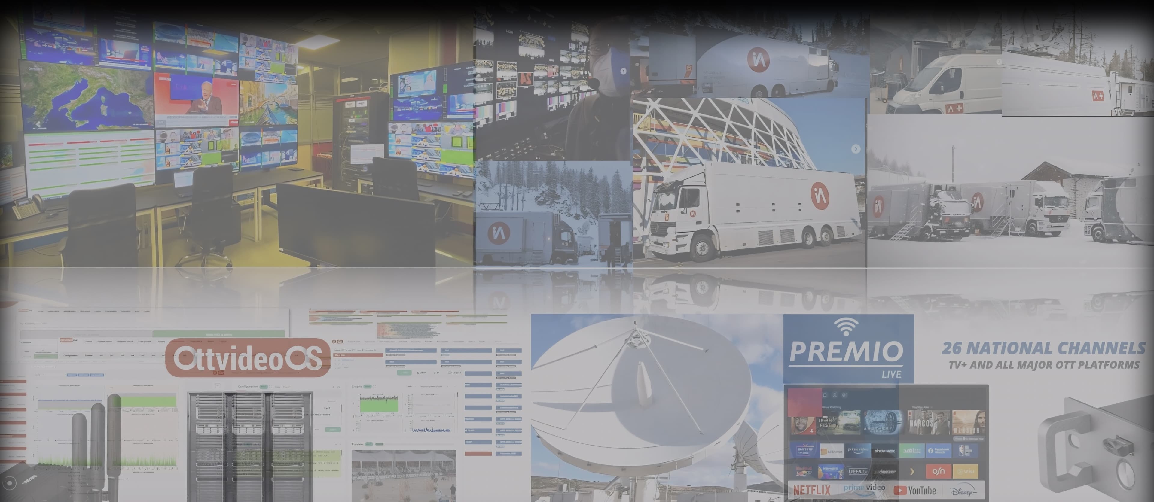 Collage of broadcasting control rooms, mobile production trucks, satellite dishes, and digital streaming platforms.