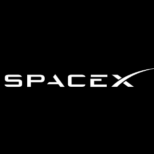 White SpaceX logo on a black background with a stylized swoosh on the X.